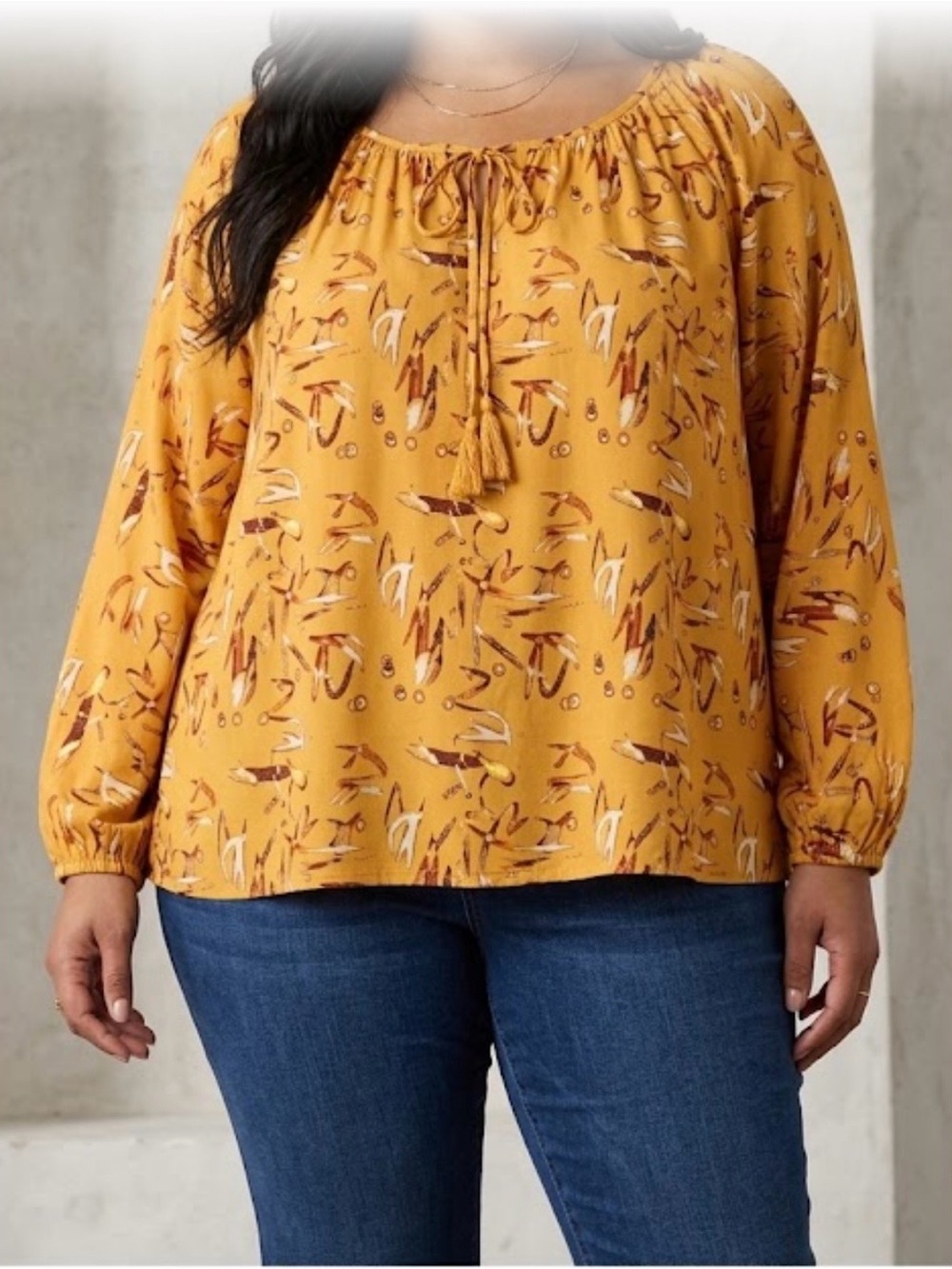 Mustard Printed Peasant Blouse with Tassel Tie
